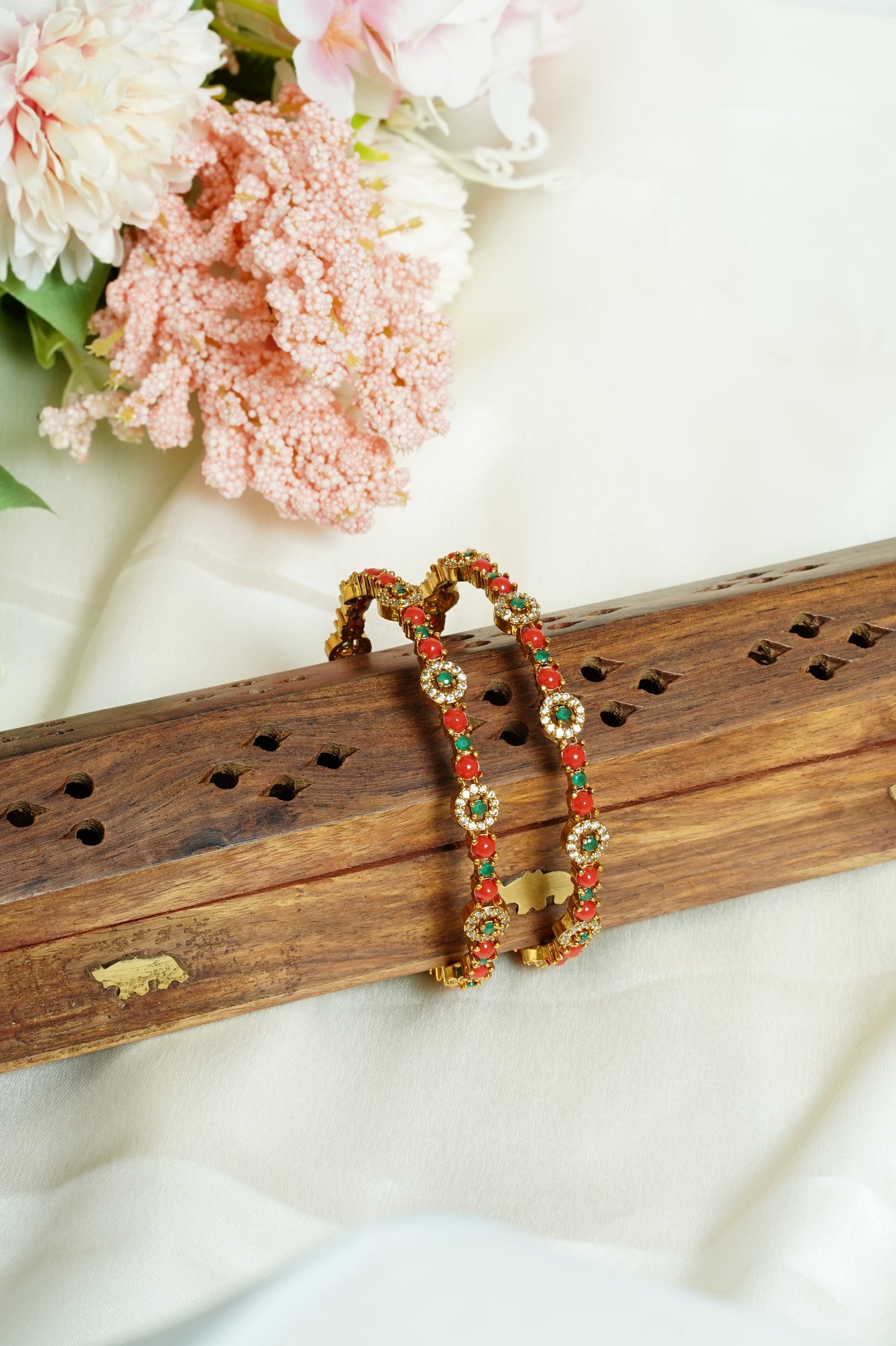 Coral with green stone bangle