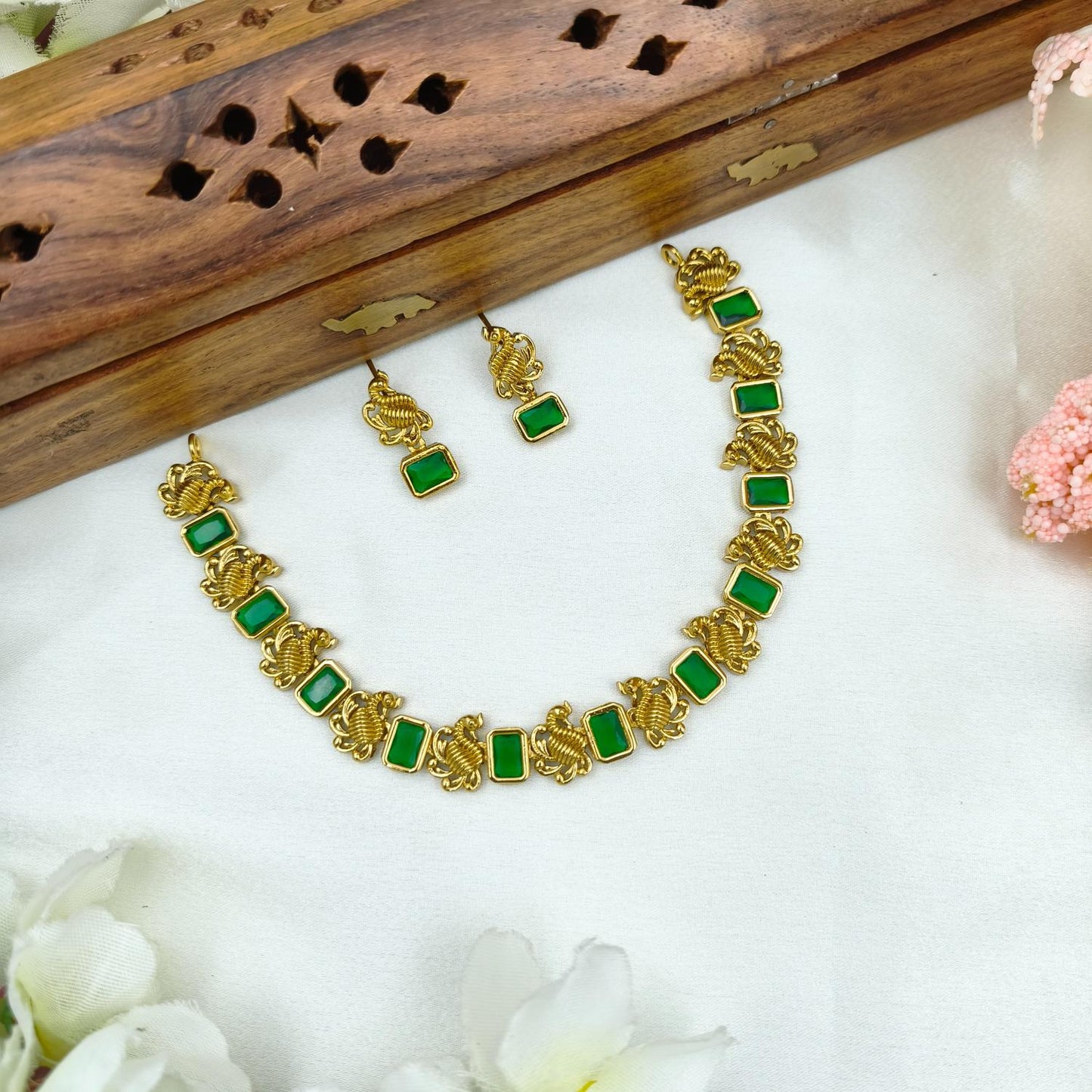 Green block peacock necklace