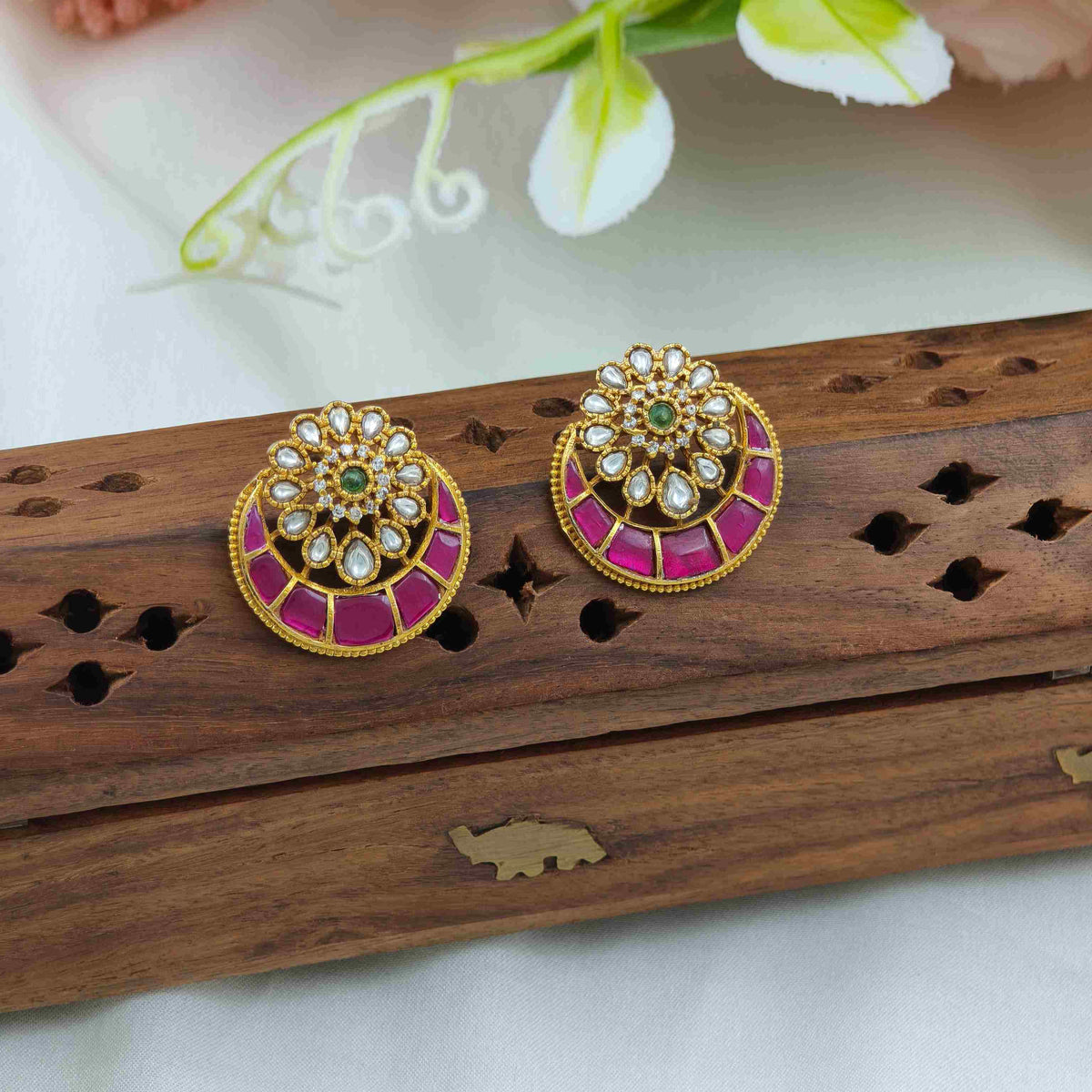 Flora & half moon Jadau Stud earrings